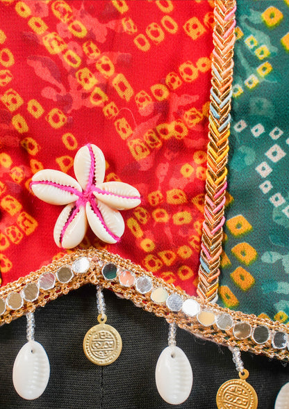 "RDM BL 028" Banarasi Bandhani Blouse Mirror Work Choli With Cowrie Shells & Embroidery