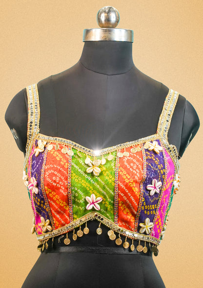 "RDM BL 028A" Banarasi Bandhani Blouse Cowrie Shell & Embroidered Choli with Coin Work