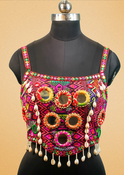 "RDM BL 027" Banarasi Traditional  Mirror Work Blouse With Cowrie Shells & Colorful Embroidery