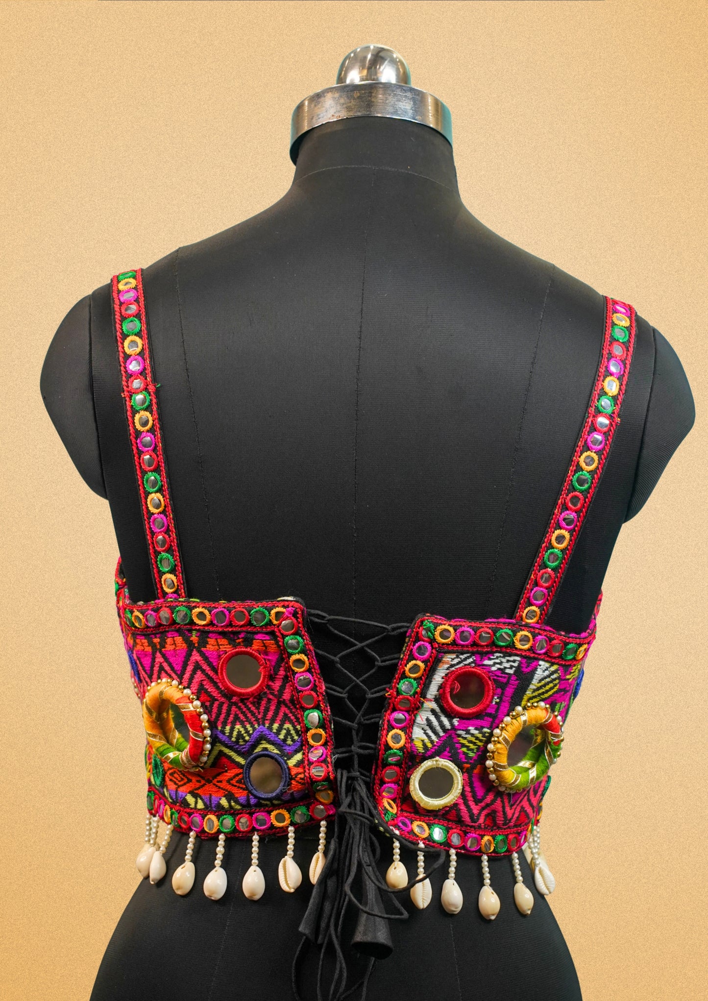 "RDM BL 027" Banarasi Traditional  Mirror Work Blouse With Cowrie Shells & Colorful Embroidery