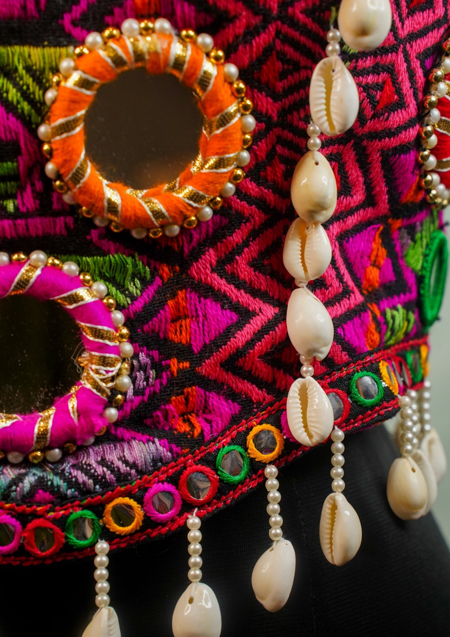 "RDM BL 027" Banarasi Traditional  Mirror Work Blouse With Cowrie Shells & Colorful Embroidery