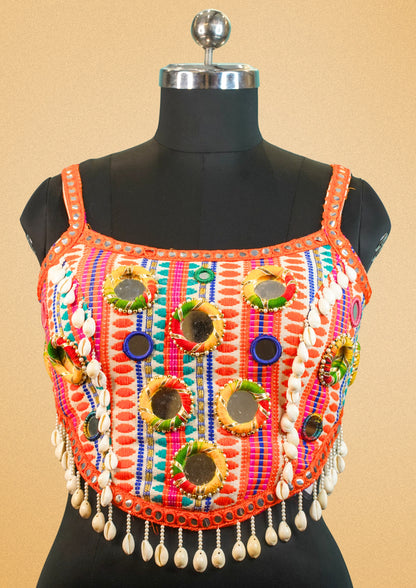 "RDM BL 029A" Banarasi Mirror Work Blouse With Cowrie Shell Tassels Handmade Embroidered Choli With Lace-Up Back