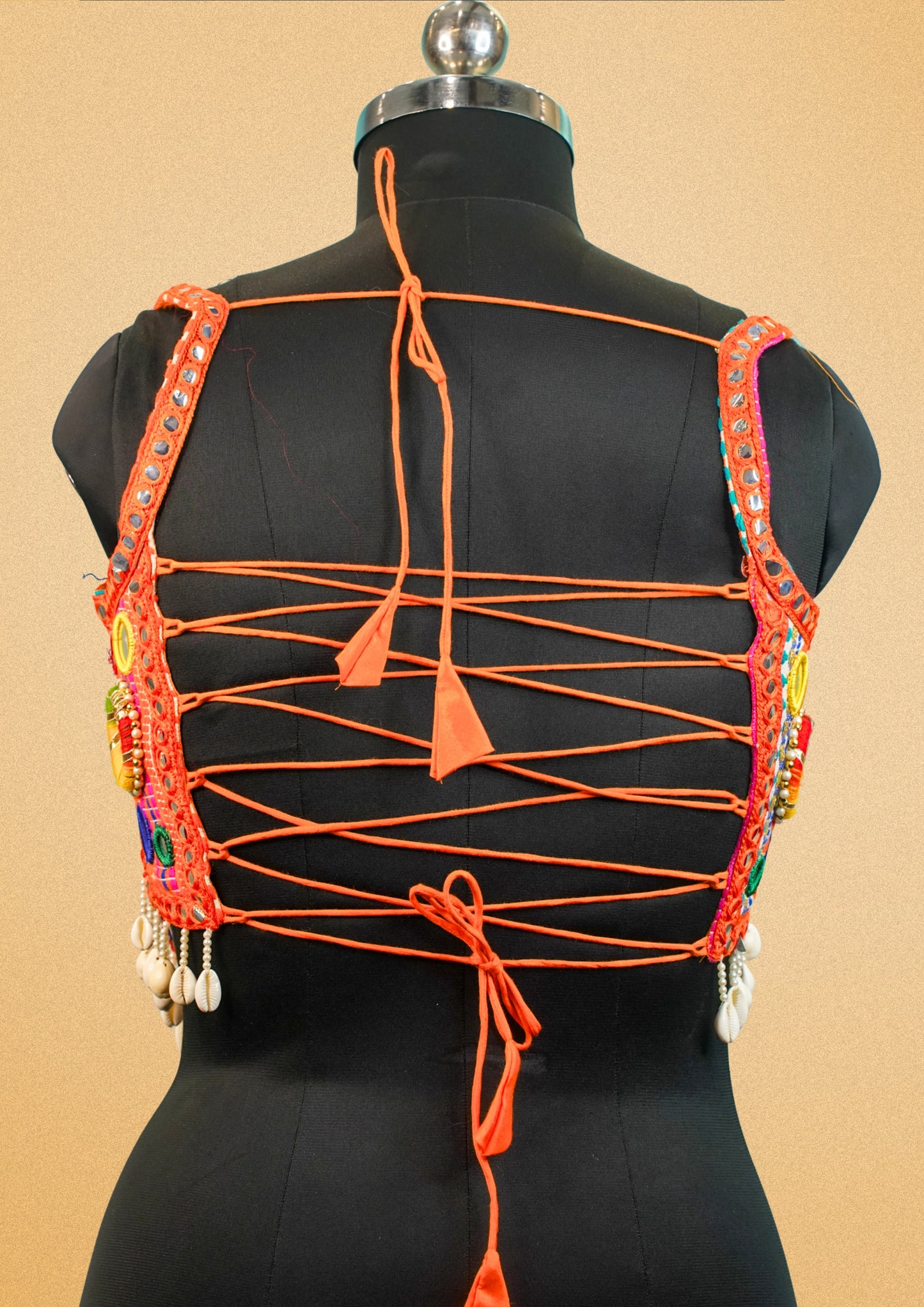 "RDM BL 029A" Banarasi Mirror Work Blouse With Cowrie Shell Tassels Handmade Embroidered Choli With Lace-Up Back