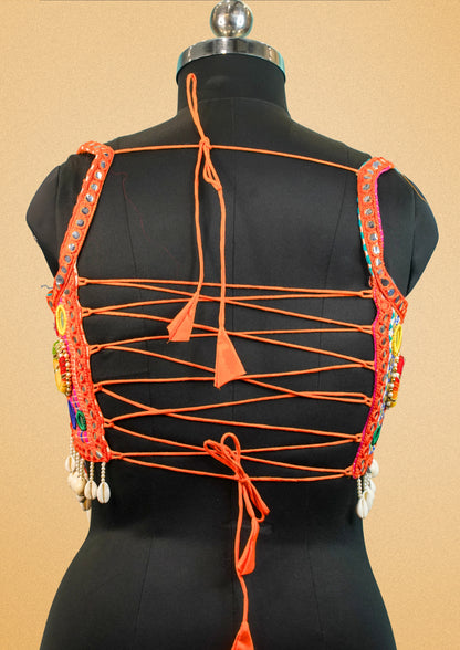 "RDM BL 029A" Banarasi Mirror Work Blouse With Cowrie Shell Tassels Handmade Embroidered Choli With Lace-Up Back