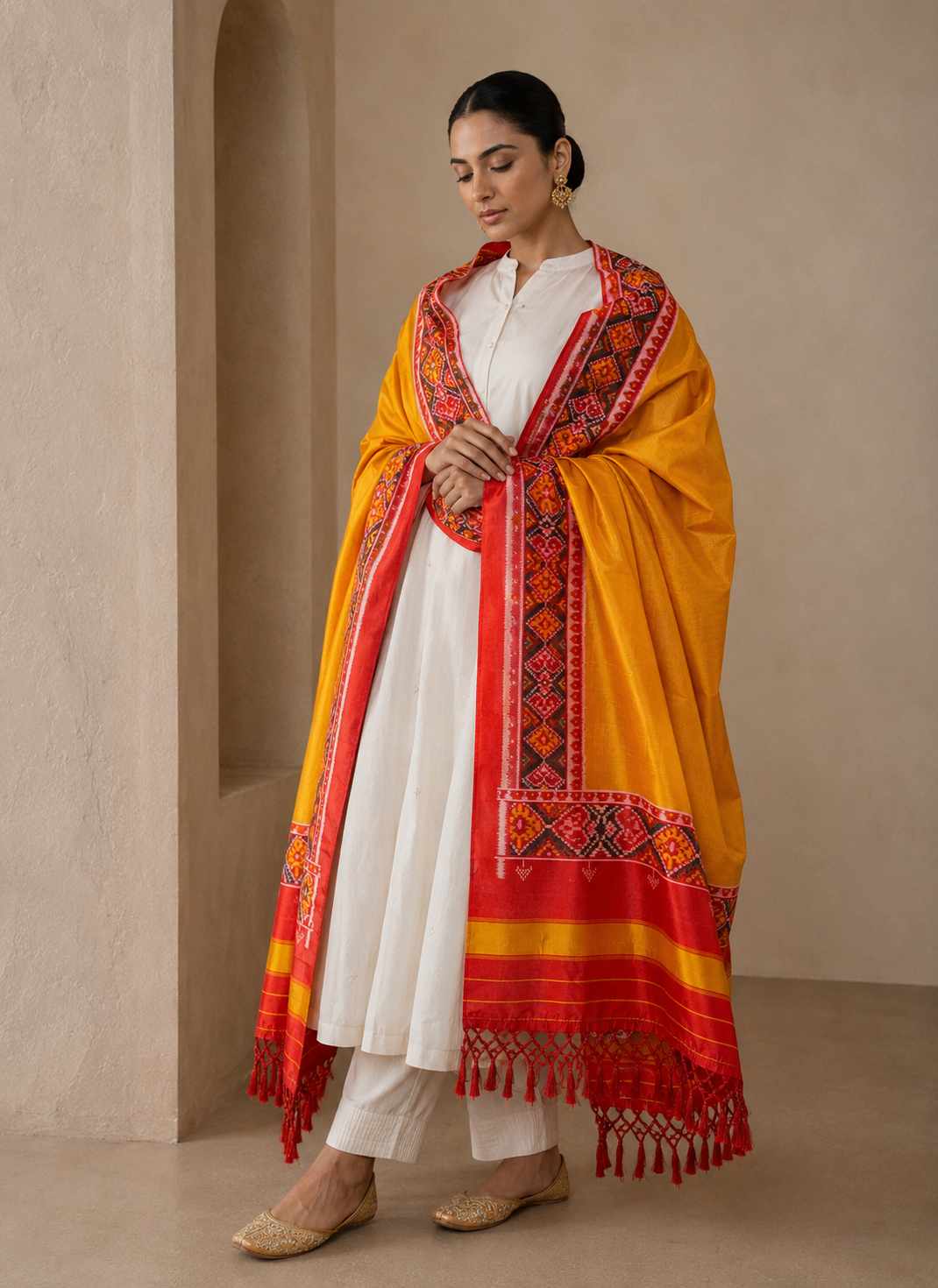 MCD 031: Beautiful Sunset Orange Patola Silk Dupatta With Tassels And Standard Length