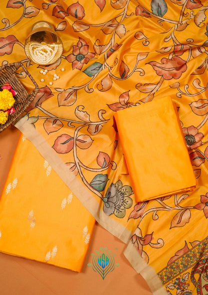 MANSI 178: Mustard Yellow Banarasi Silk Suit Set with Soft Kalamkari Dupatta