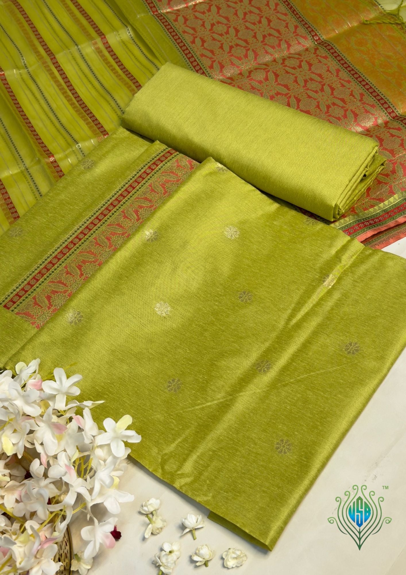 MANSI 168: Pista Green Raw Silk Suit Set with Designer Woven Dupatta