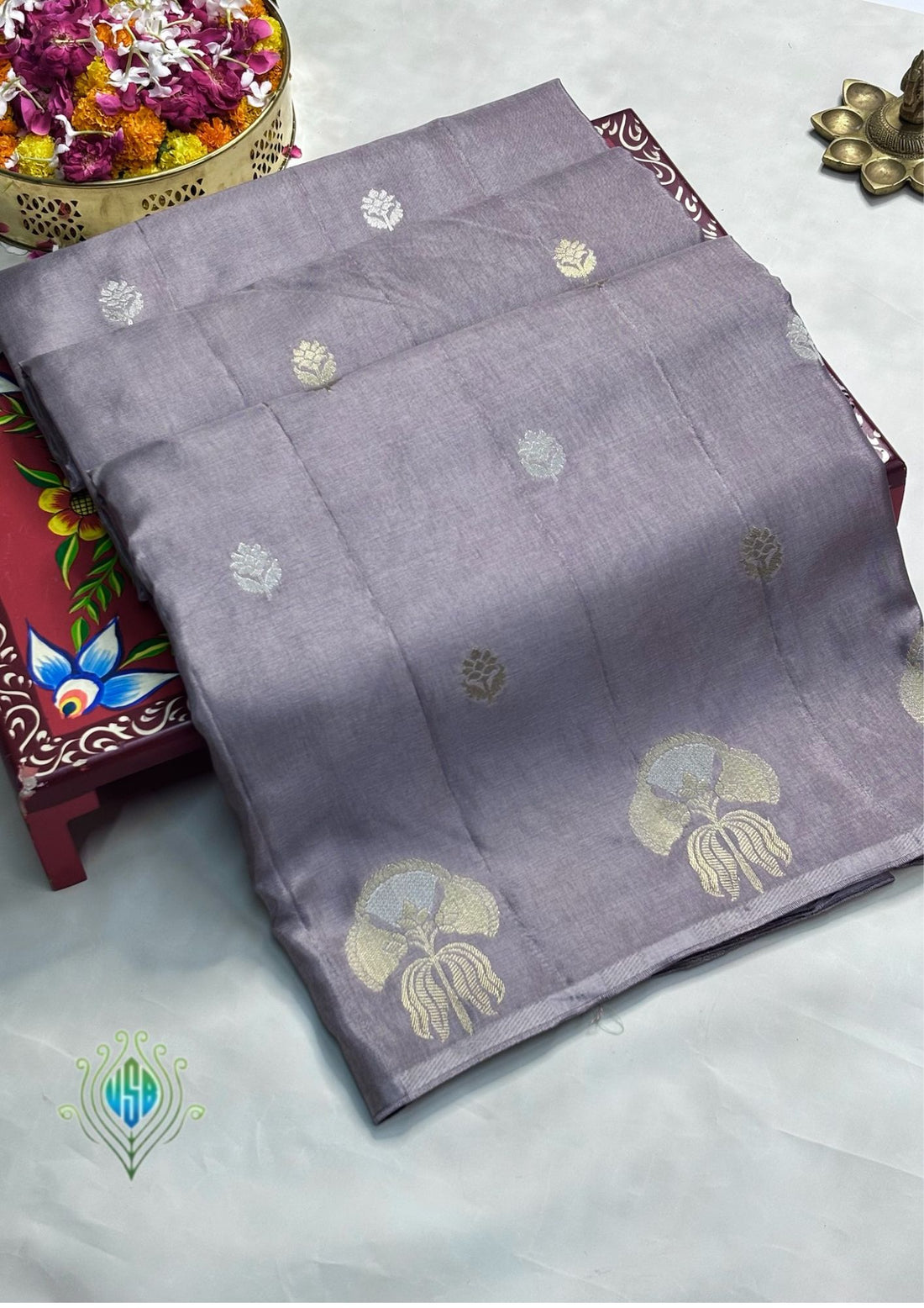 Waah Banaras 154: Lilac Mashru Silk Saree with Sona Rupa Zari Buti &amp; Key Feather Motifs