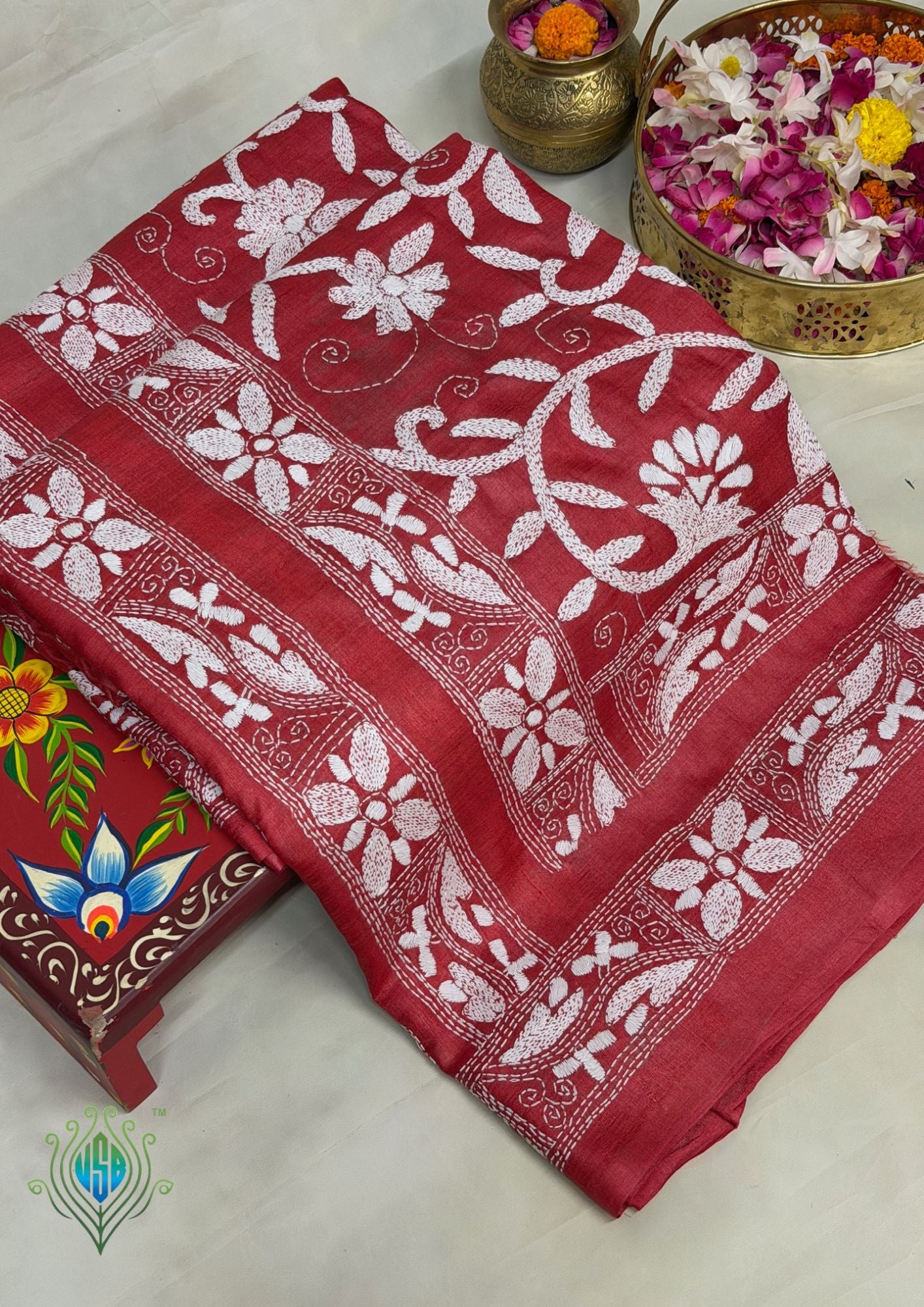 VIRASAT 354: Blush Red Pure Tussar Silk Kantha Work Saree | Silk Mark Certified