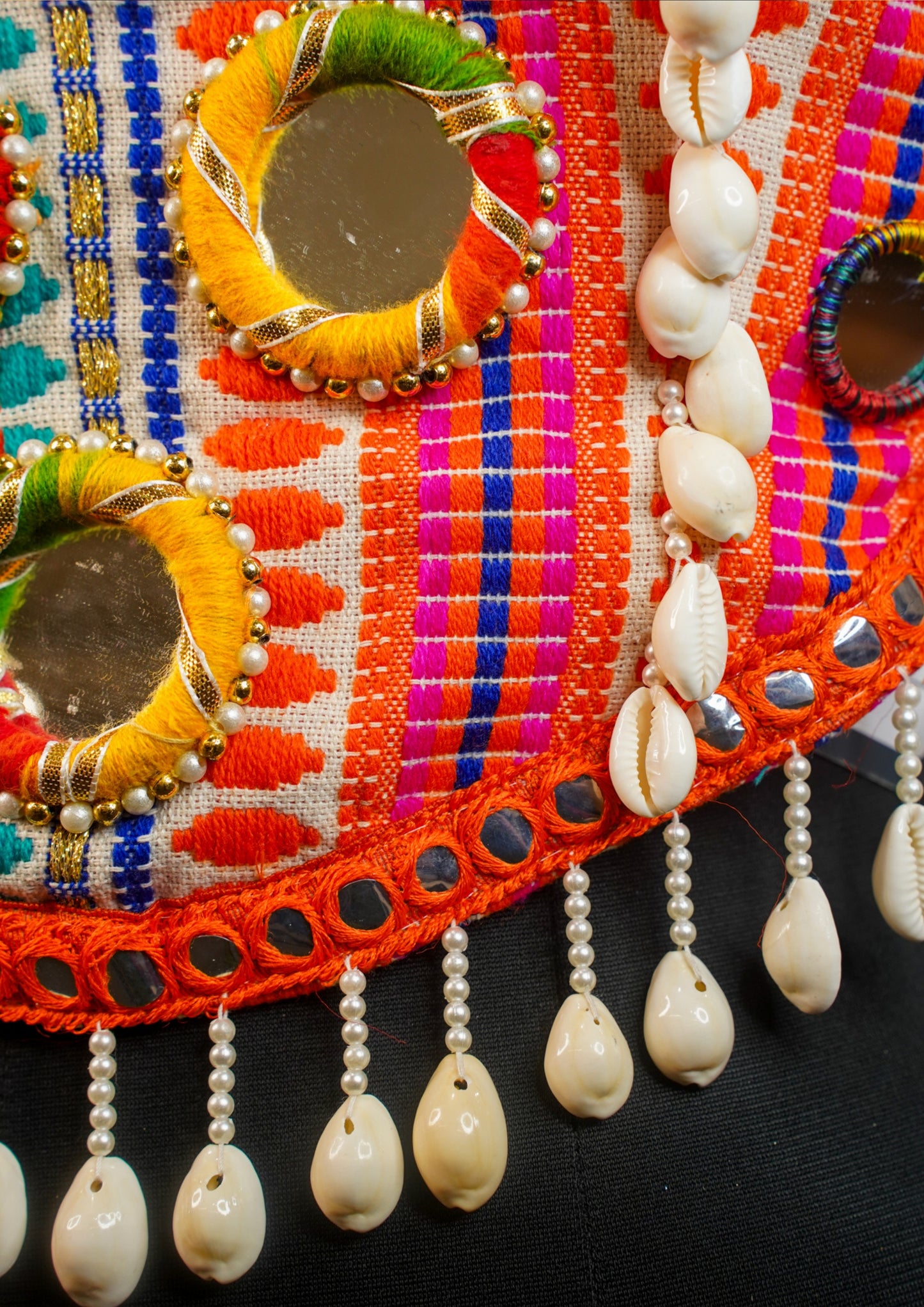 "RDM BL 029A" Banarasi Mirror Work Blouse With Cowrie Shell Tassels Handmade Embroidered Choli With Lace-Up Back