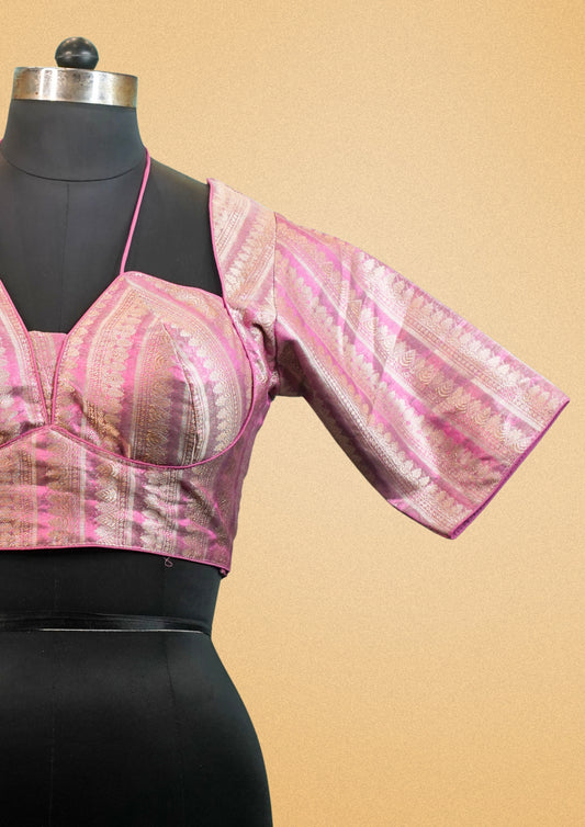 "RDM BL 030" Banarasi Pink Blouse Zari Weaving Dori Back Tie
