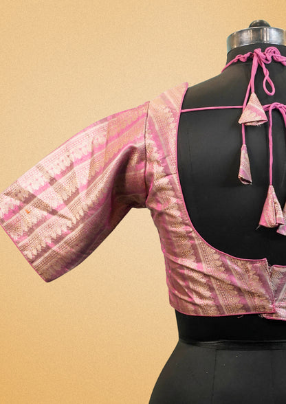 "RDM BL 030" Banarasi Pink Blouse Zari Weaving Dori Back Tie