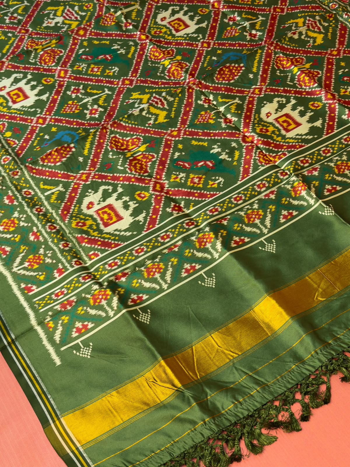 MCD 037: Beautiful Green Patola Silk Dupatta With Tassels And Standard Length