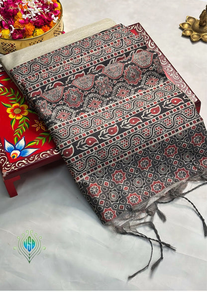 "UTSAV BANARAS 271" Banarasi Tussar Silk Saree With Madhubani &amp; Ikat Printed Border