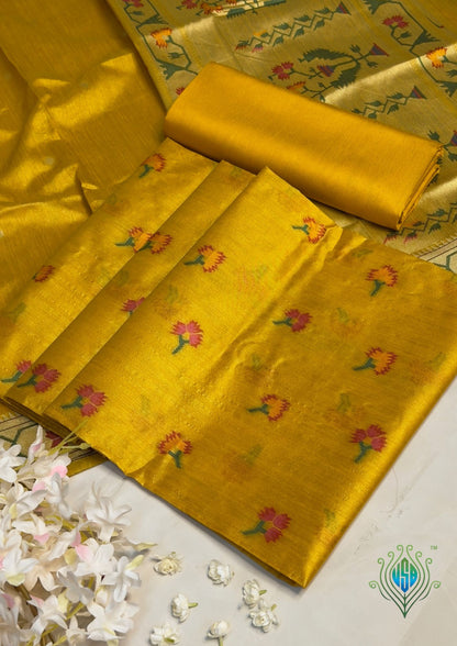 MANSI 171: Golden Yellow Raw Silk Suit Set with Artistic Woven Dupatta