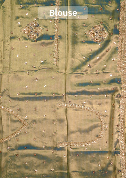 VIRASAT 1004: Olive Green Glass Tissue Dual Zari Silk Saree Striped Elegance with Zardozi Grandeur