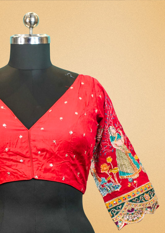 "RDM BL 014D" Banarasi Traditional Red Blouse with Embroidered Sleeves & Zari Detailing