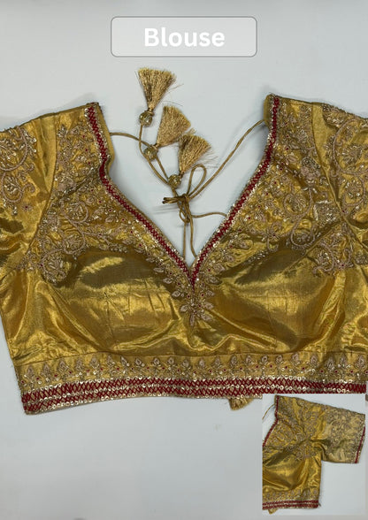 VIRASAT 414: Regal Gold Brocade Tissue Silk Saree with Hand Zardozi Border