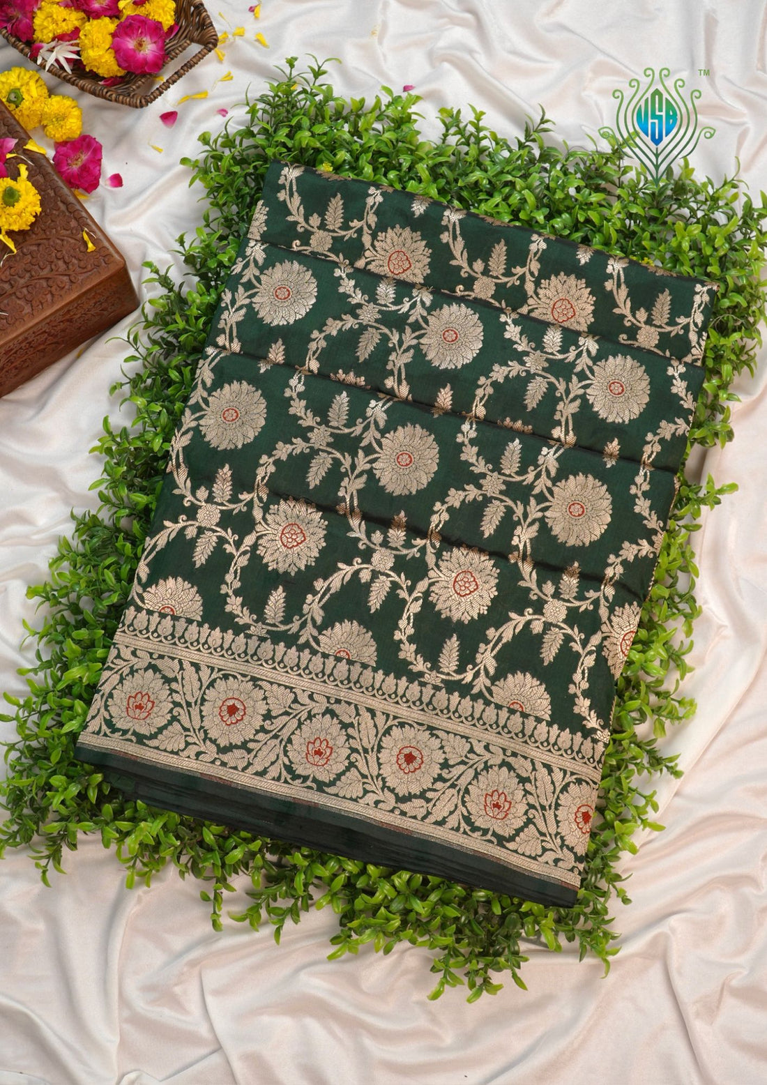 VIRASAT 161A: Bottle Green Pure Handloom Katan Silk Mughal Meenakari Floral Jaal Saree
