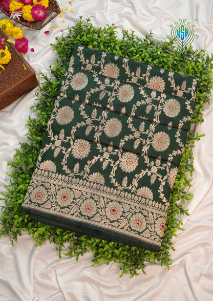 VIRASAT 161A: Bottle Green Pure Handloom Katan Silk Mughal Meenakari Floral Jaal Saree