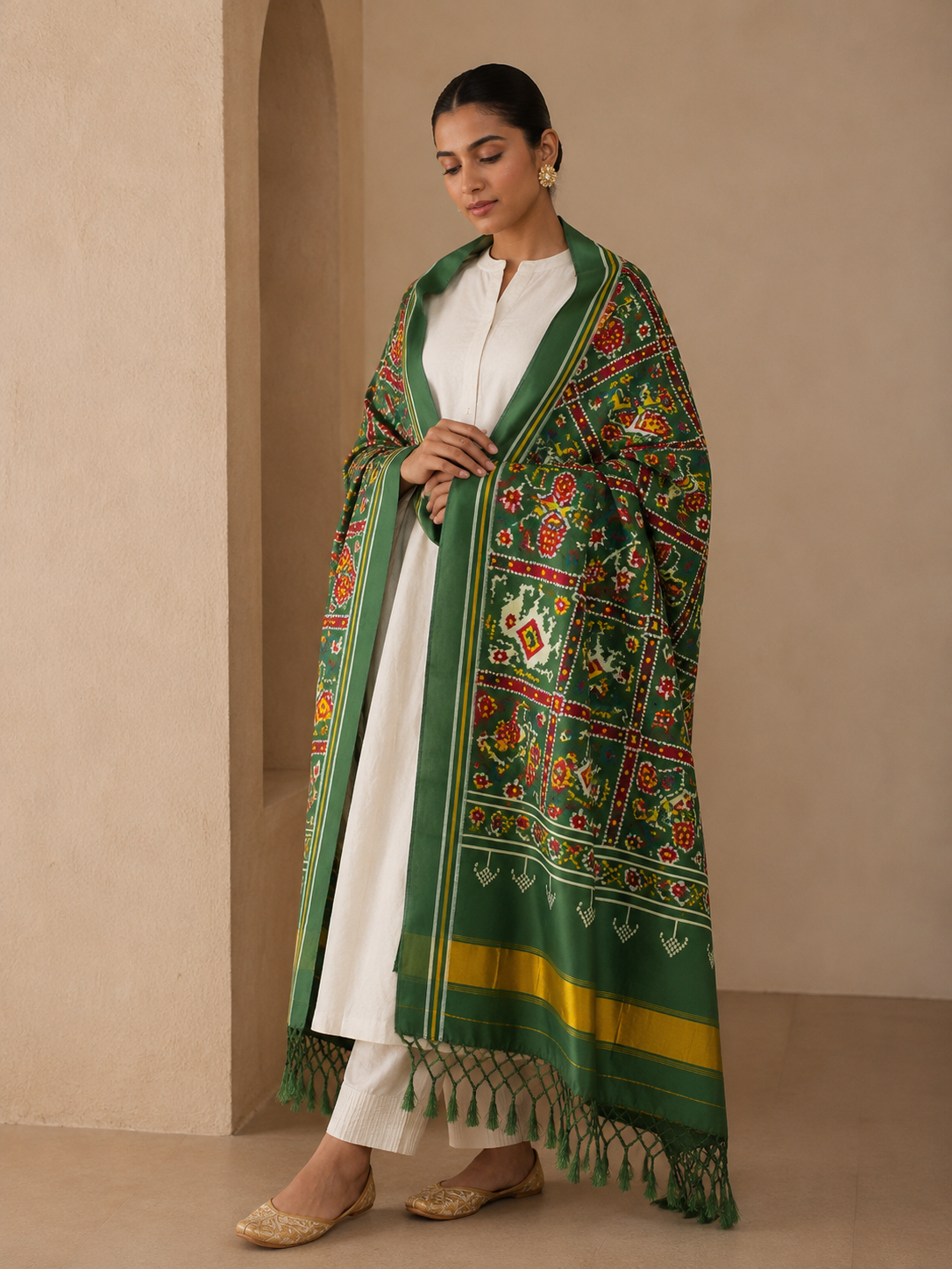 MCD 037: Beautiful Green Patola Silk Dupatta With Tassels And Standard Length