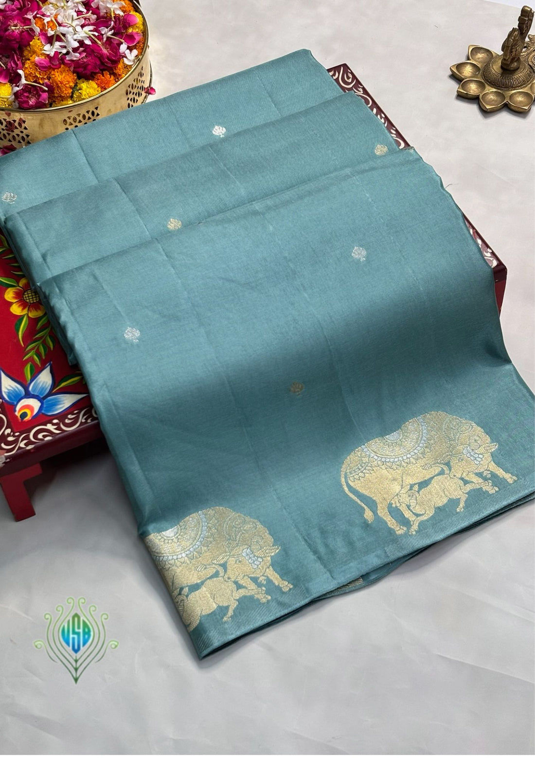 Waah Banaras 156: Graceful Myrtle Green Mashru Silk Saree with Sona Rupa Zari &amp; Nandi Motif Border