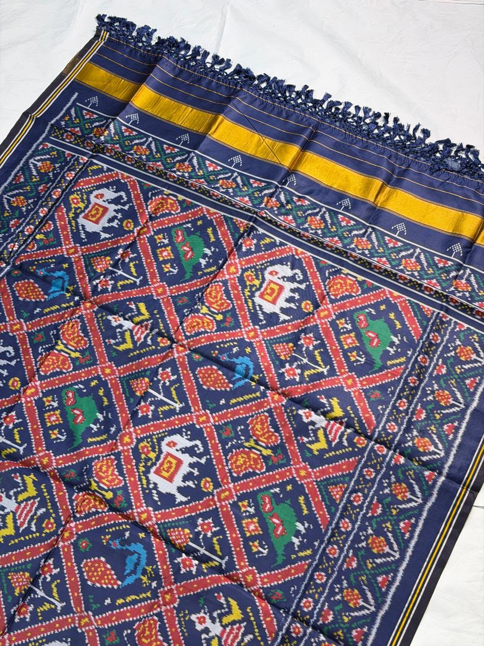 MCD 038: Beautiful Indigo Blue Patola Silk Dupatta With Tassels And Standard Length