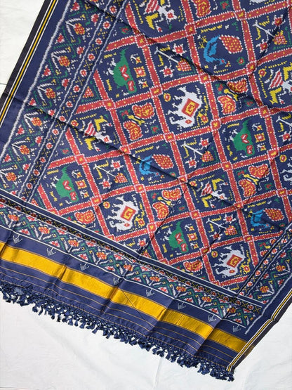 MCD 038: Beautiful Indigo Blue Patola Silk Dupatta With Tassels And Standard Length