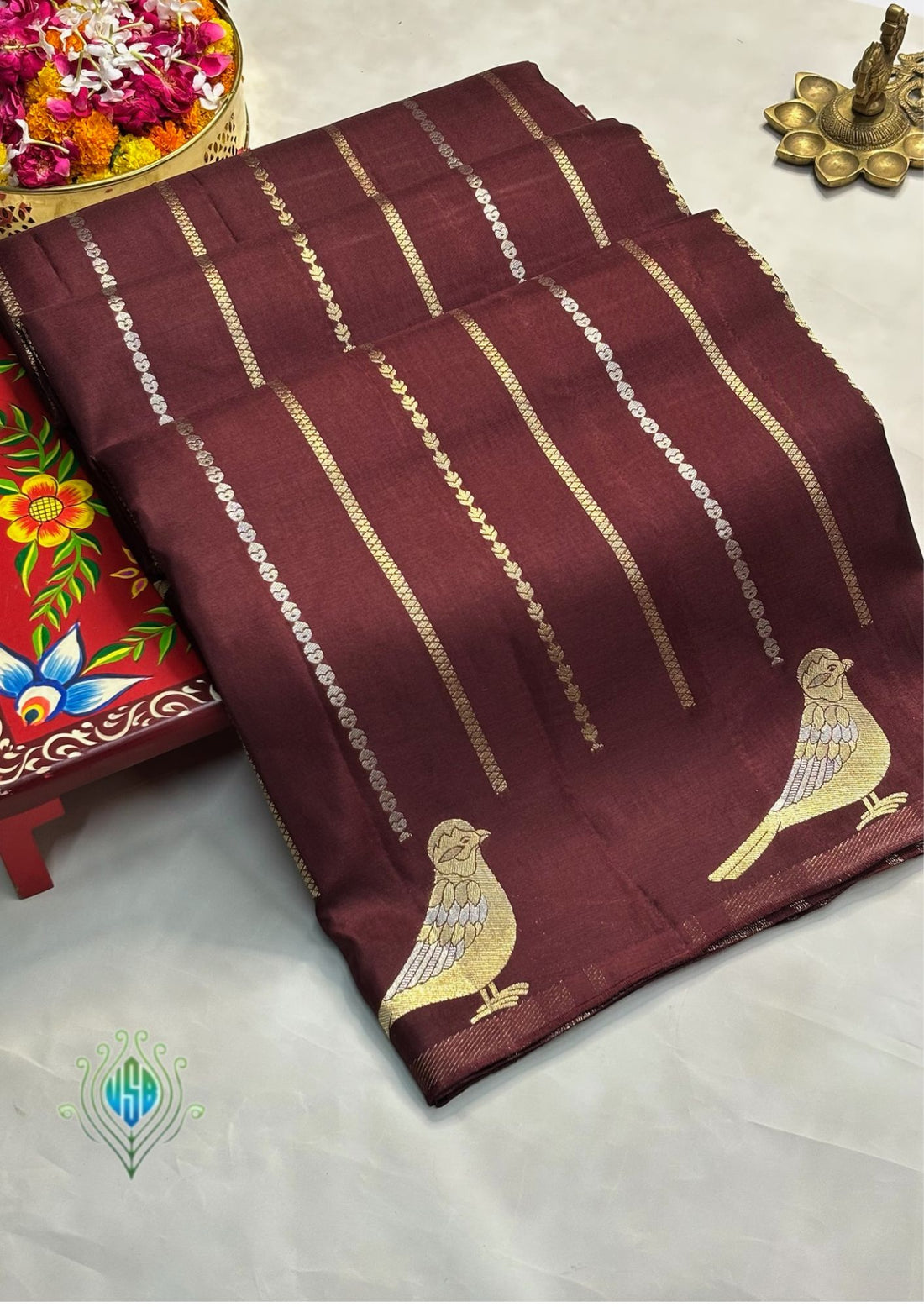 Waah Banaras 158: Elegant Coffee Mashru Silk Saree with Sona Rupa Zari &amp; Bird Motif Border