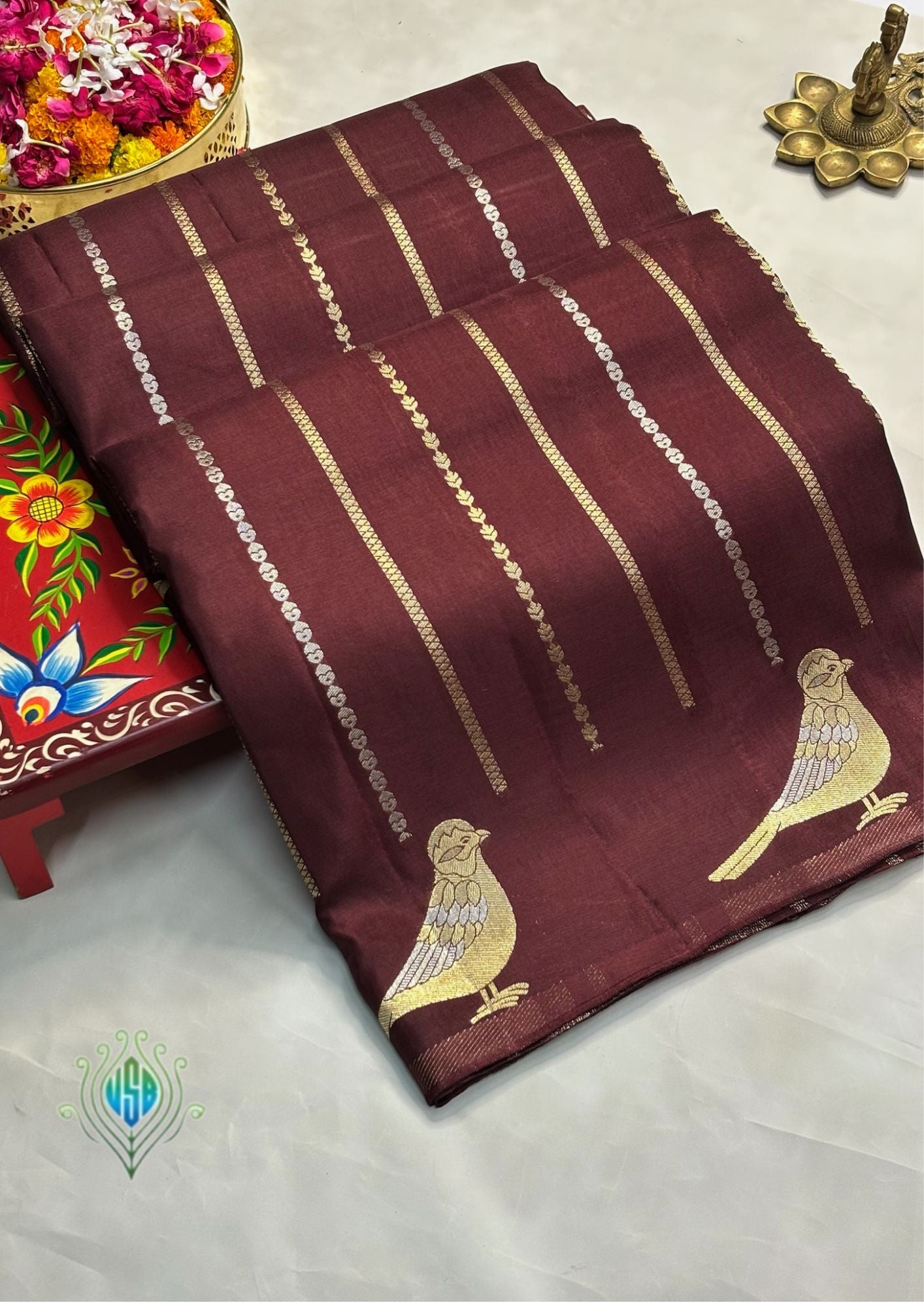 Waah Banaras 158: Elegant Coffee Mashru Silk Saree with Sona Rupa Zari &amp; Bird Motif Border