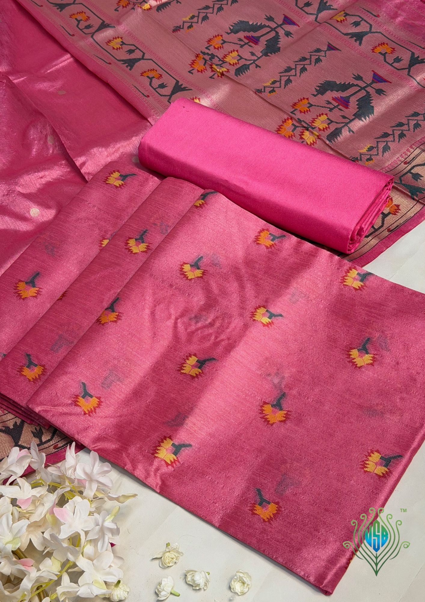 MANSI 172: Peachy Pink Raw Silk Suit Set with Artistic Woven Dupatta
