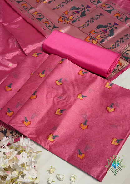 MANSI 172: Peachy Pink Raw Silk Suit Set with Artistic Woven Dupatta
