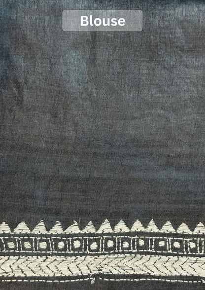 VIRASAT 358: Noir Rouge Pure Tussar Silk Kantha Work Saree | Silk Mark Certified