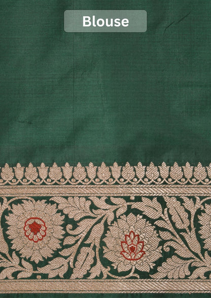 VIRASAT 161A: Bottle Green Pure Handloom Katan Silk Mughal Meenakari Floral Jaal Saree
