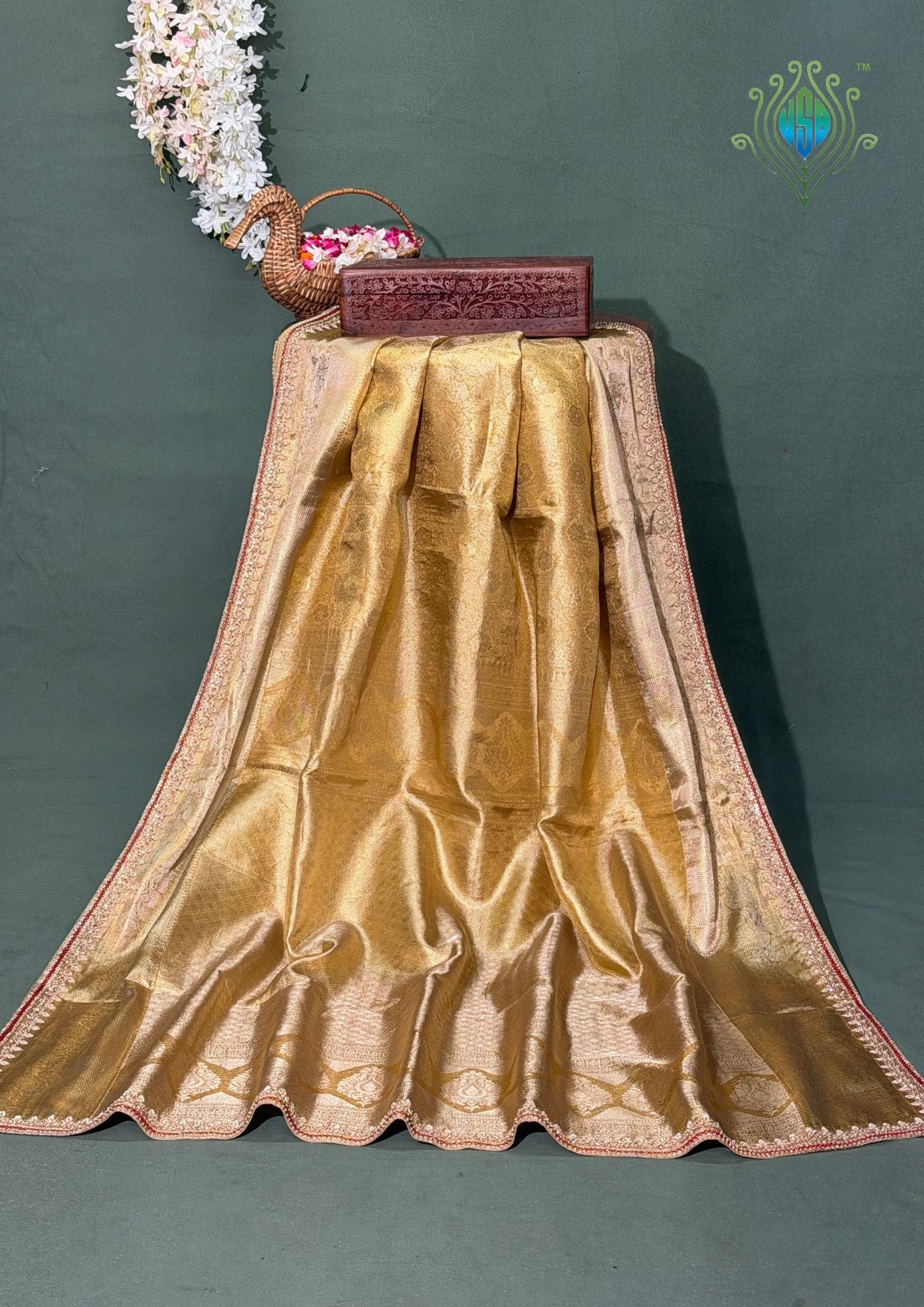 VIRASAT 414: Regal Gold Brocade Tissue Silk Saree with Hand Zardozi Border
