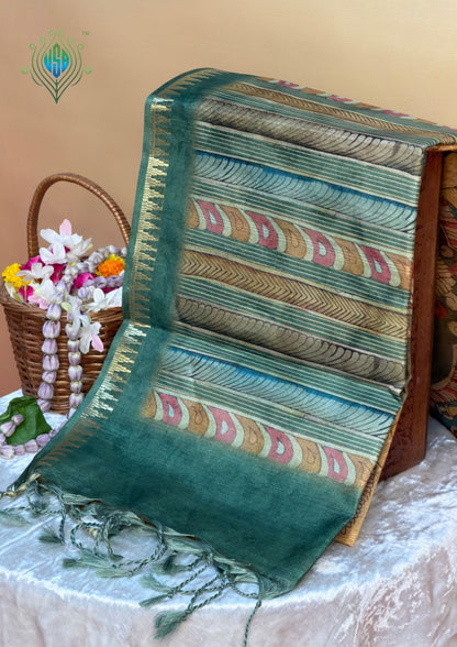 UTSAV BANARAS 388: Dusty Green Tussar Silk Kalamkari Print Saree