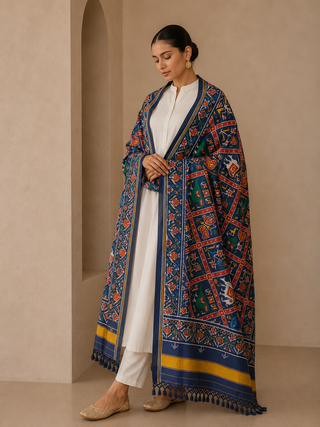 MCD 038: Beautiful Indigo Blue Patola Silk Dupatta With Tassels And Standard Length