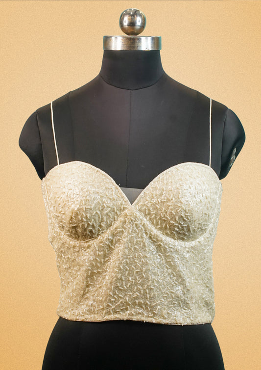 "RDM BL 026" Banarasi Classic Golden White Sequin Blouse With Spaghetti Straps & Back Lace Design