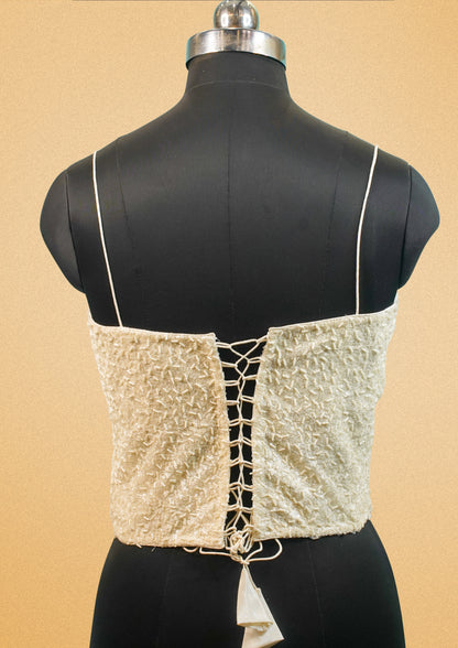 "RDM BL 026" Banarasi Classic Golden White Sequin Blouse With Spaghetti Straps & Back Lace Design