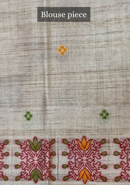 Utsav Banaras 074: Artistic Beige Jamdani Saree with Multicolor Bird &amp; Tree Motif