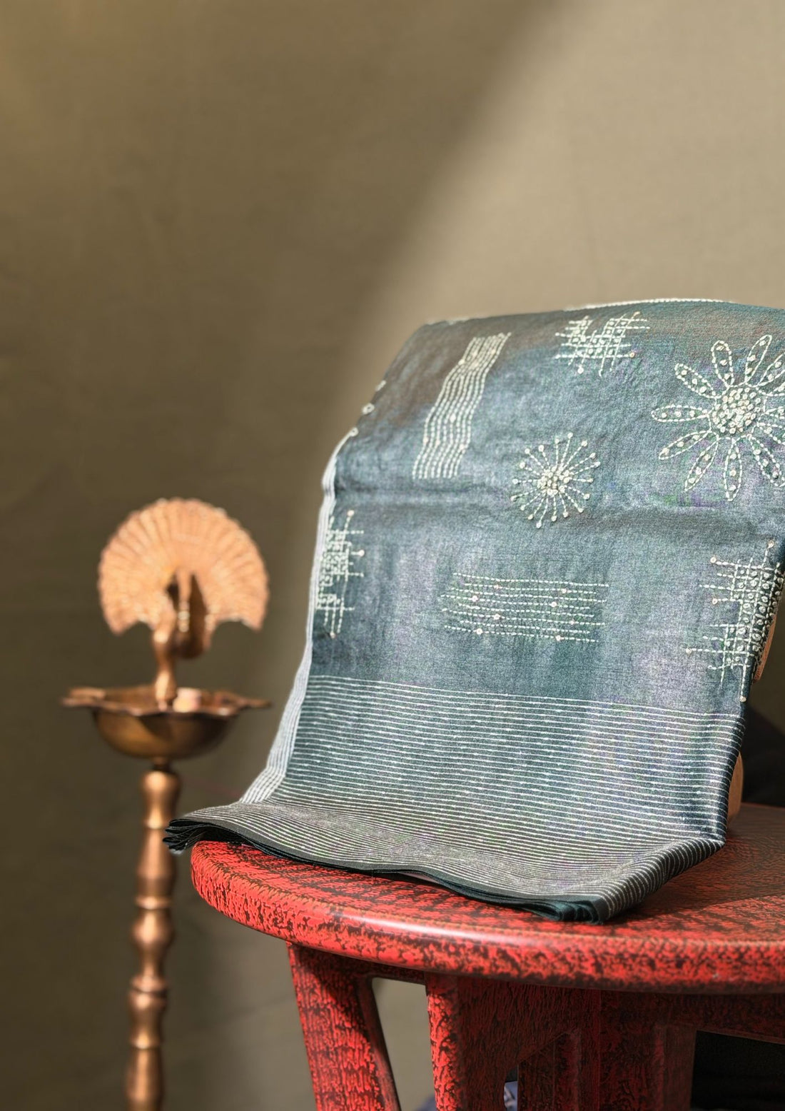 "Founder Choice 011" Banarasi Earthy Green Tussar Silk Saree With Resham Embroidery