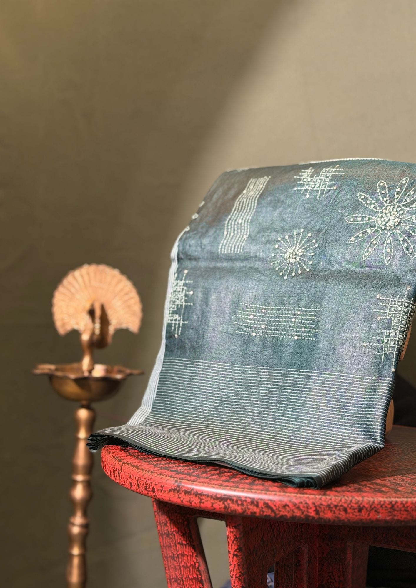 "Founder Choice 011" Banarasi Earthy Green Tussar Silk Saree With Resham Embroidery