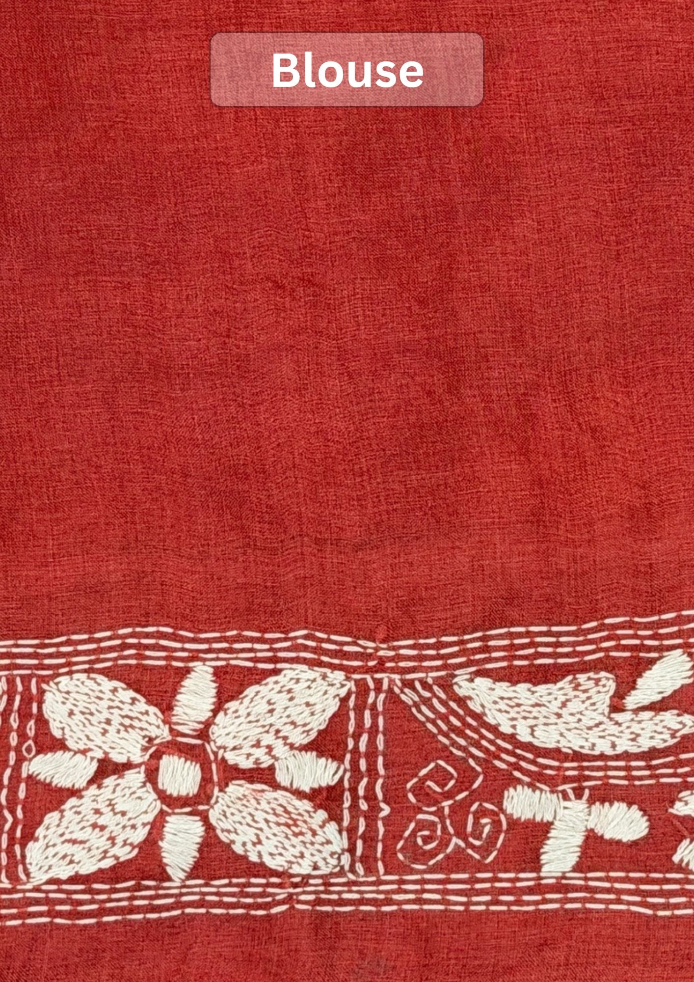 VIRASAT 354: Blush Red Pure Tussar Silk Kantha Work Saree | Silk Mark Certified