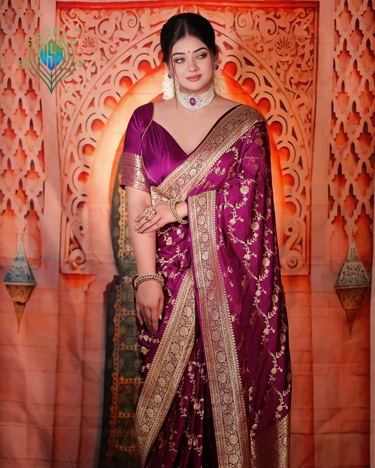 "WAAH BANARAS 056" Banarasi Satan Silk Saree With Golden Zari Floral Weaving &amp; Rich Border