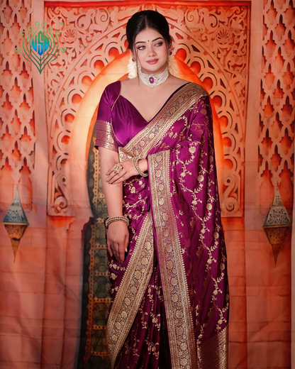 "Waah Banaras 065A" Banarasi Satan Silk Saree With Golden Zari Floral Weaving & Rich Border