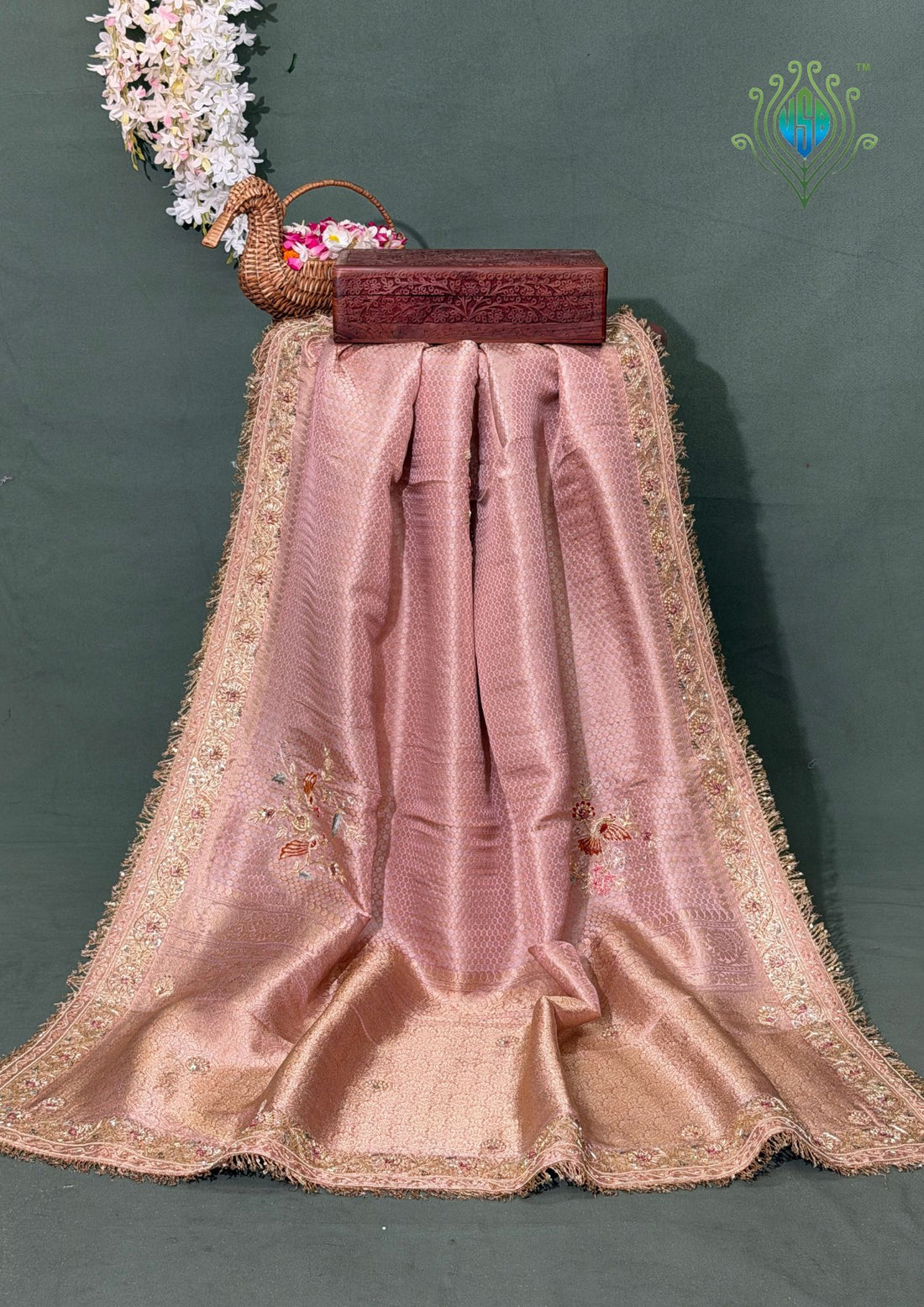 VIRASAT 387: Blush Rose Brocade Tissue Silk Saree with Handcrafted Embroidery