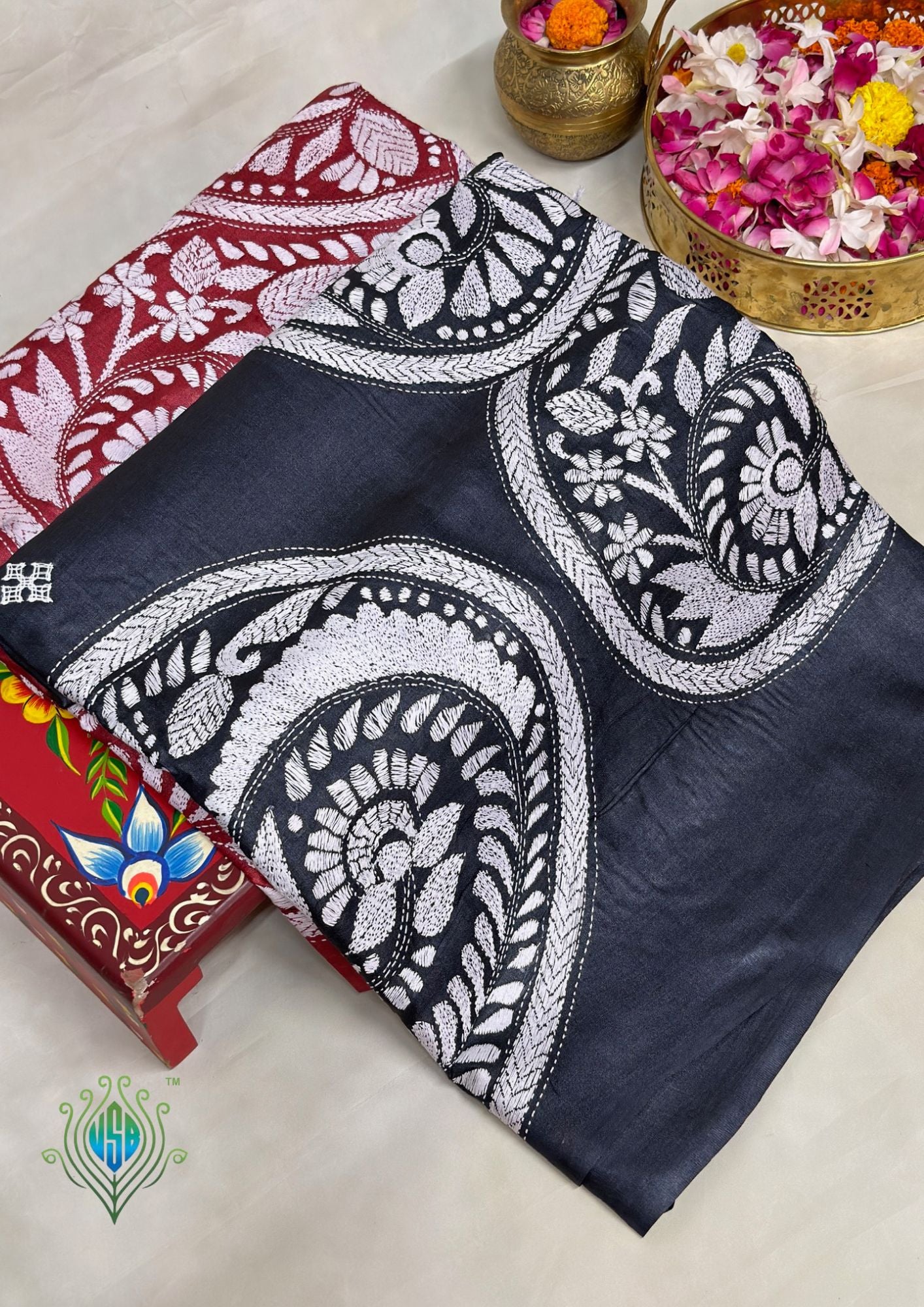 VIRASAT 358: Noir Rouge Pure Tussar Silk Kantha Work Saree | Silk Mark Certified