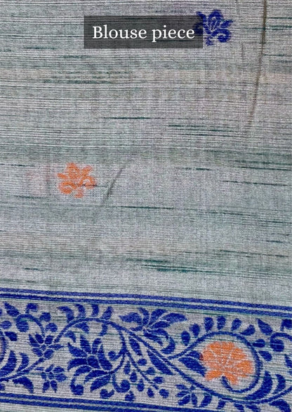 Utsav Banaras 075: Dusty Blue Jamdani Saree with Artistic Heritage Scene Weave