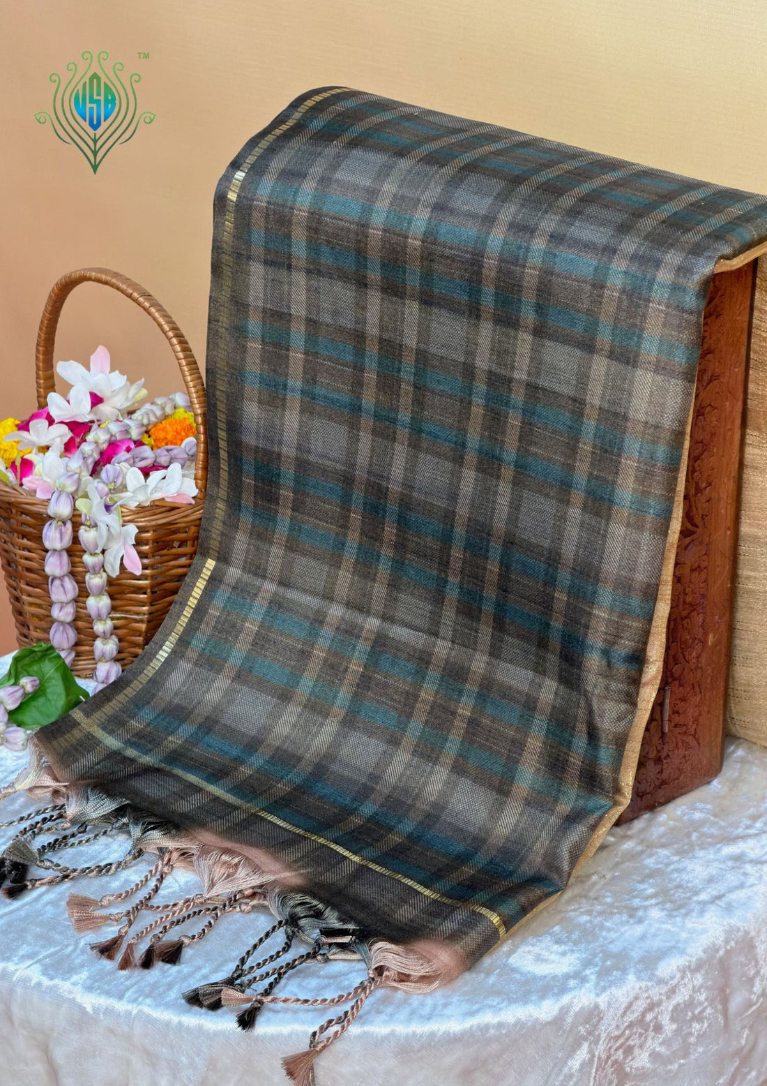 UTSAV BANARAS 384: Tussar Silk Checked Saree Antique Gold with Contrast Check Border