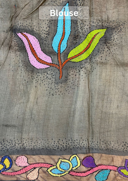 VIRASAT 398: Matte Gold Pure Tussar Silk Kantha Work Saree | Silk Mark Certified